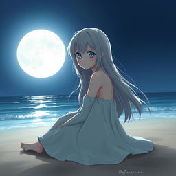 A realistic character design of a teenage girl with long gray hair and sad blue eyes, sitting on the beach beneath a bright full moon