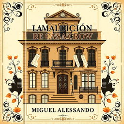 The front cover design for a contemporary yet vintage-inspired book titled 'La Maldición de la Casa Crow', authored by Miguel Alessandro