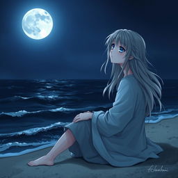 A realistic character design of a teenage girl with long gray hair and sorrowful blue eyes, sitting on the beach overlooking the moonlit sea