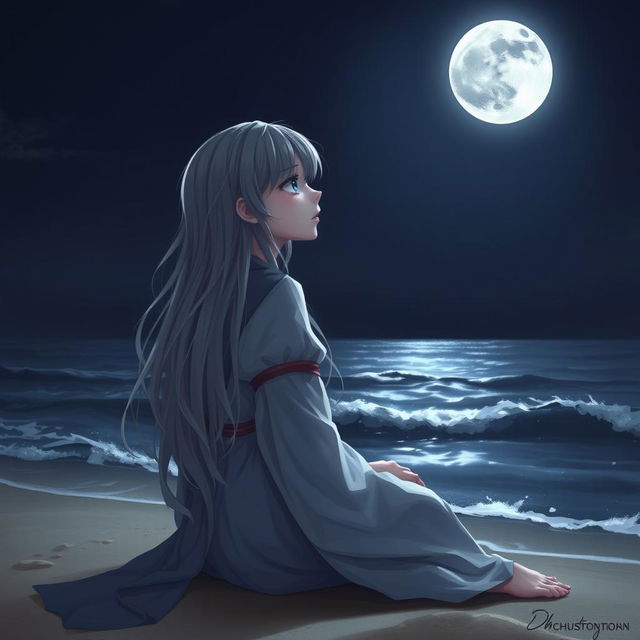 A realistic character design of a teenage girl with long gray hair and sorrowful blue eyes, sitting on the beach overlooking the moonlit sea