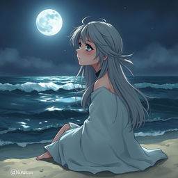 A realistic character design of a teenage girl with long gray hair and sorrowful blue eyes, sitting on the beach overlooking the moonlit sea