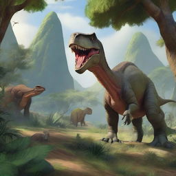 Visualize a detailed and vibrant scene from 65 million years ago, as depicted by a historical expert