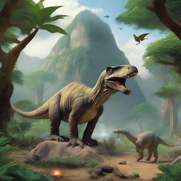 Visualize a detailed and vibrant scene from 65 million years ago, as depicted by a historical expert