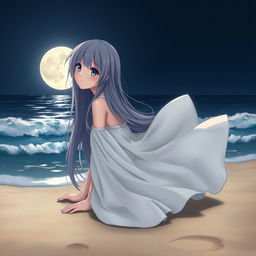 A realistic character design of a teenage girl with long gray hair and sorrowful blue eyes, sitting gracefully on the sandy beach at night