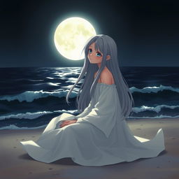 A realistic character design of a teenage girl with long gray hair and sorrowful blue eyes, sitting gracefully on the sandy beach at night