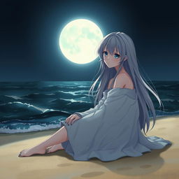 A realistic character design of a teenage girl with long gray hair and sorrowful blue eyes, sitting gracefully on the sandy beach at night