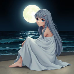 A realistic character design of a teenage girl with long gray hair and sorrowful blue eyes, sitting gracefully on the sandy beach at night