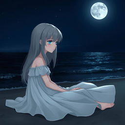 A realistic character design of a teenage girl with long gray hair and melancholic blue eyes, seated on the beach at night