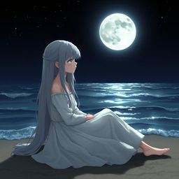 A realistic character design of a teenage girl with long gray hair and melancholic blue eyes, seated on the beach at night