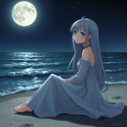 A realistic character design of a teenage girl with long gray hair and melancholic blue eyes, seated on the beach at night
