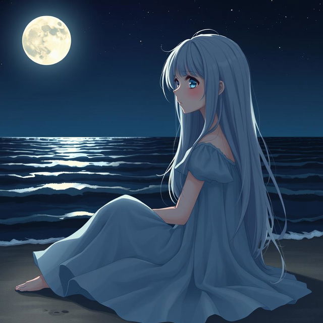 A realistic character design of a teenage girl with long gray hair and melancholic blue eyes, seated on the beach at night