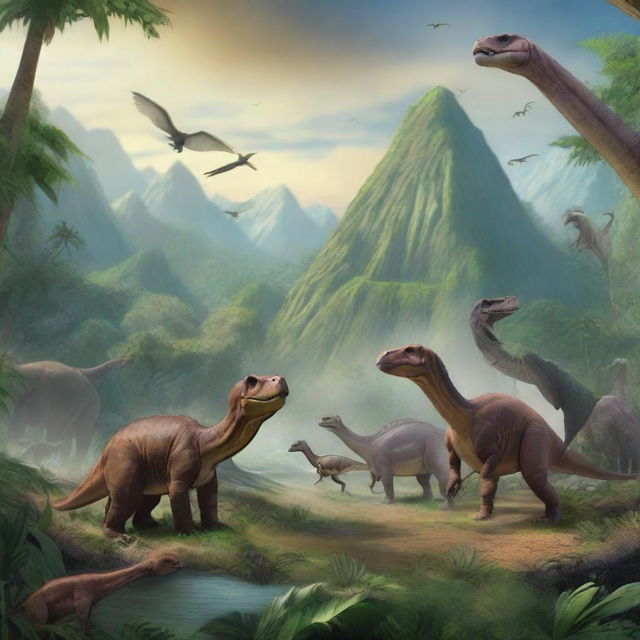 Visualize a detailed and vibrant scene from 65 million years ago, as depicted by a historical expert