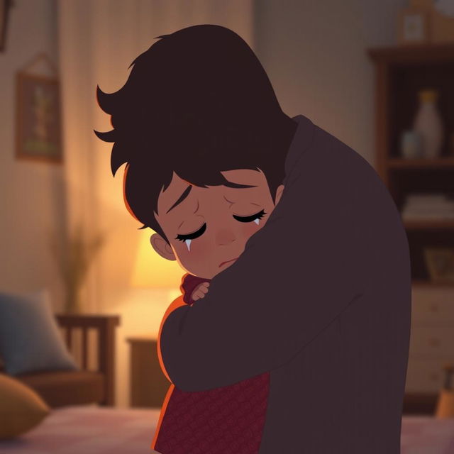 An animation scene depicting a child crying while being embraced by the shadow of their father