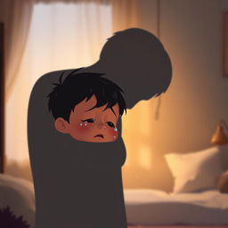 An animation scene depicting a child crying while being embraced by the shadow of their father