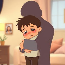 An animation scene depicting a child crying while being embraced by the shadow of their father