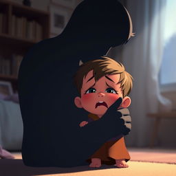 An animation scene depicting a child crying while being embraced by the shadow of their father
