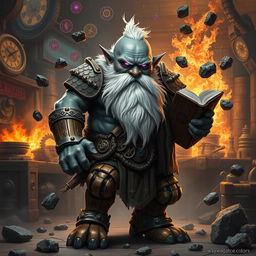 A stout and proud very dark grey-skinned dwarf warrior mage D&D character, featuring a distinctive white beard that resembles rat whiskers and glowing purple eyes full of intensity