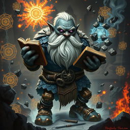 A stout and proud very dark grey-skinned dwarf warrior mage D&D character, featuring a distinctive white beard that resembles rat whiskers and glowing purple eyes full of intensity