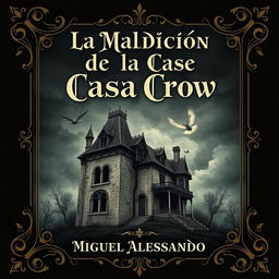 The front cover design for a book titled 'La Maldición de la Casa Crow', authored by Miguel Alessandro, in an antique style