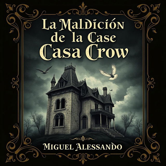 The front cover design for a book titled 'La Maldición de la Casa Crow', authored by Miguel Alessandro, in an antique style