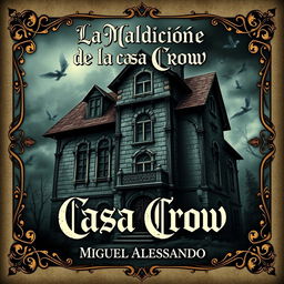 The front cover design for a book titled 'La Maldición de la Casa Crow', authored by Miguel Alessandro, in an antique style