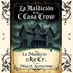 The front cover design for a book titled 'La Maldición de la Casa Crow', authored by Miguel Alessandro, in an antique style
