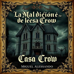 The front cover design for a book titled 'La Maldición de la Casa Crow', authored by Miguel Alessandro, in an antique style