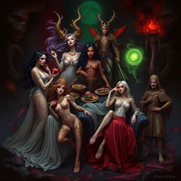 A surreal illustration representing the seven deadly sins creatively intertwined, with each sin personified as a beautiful, alluring character