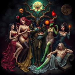 A surreal illustration representing the seven deadly sins creatively intertwined, with each sin personified as a beautiful, alluring character
