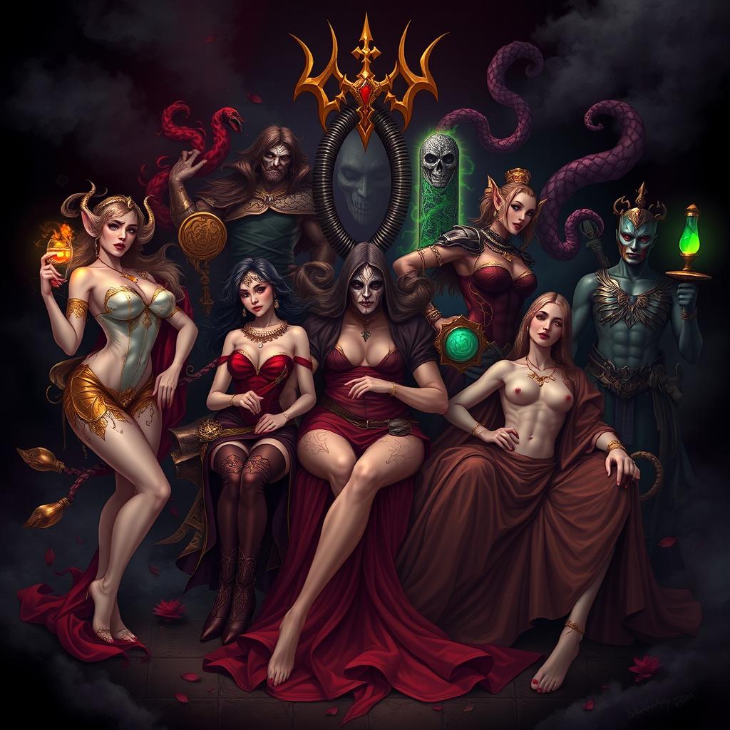A surreal illustration representing the seven deadly sins creatively intertwined, with each sin personified as a beautiful, alluring character