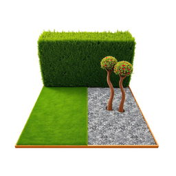 Design of a rectangular garden divided into two distinct areas: one half covered with lush green grass and the other half covered with decorative gravel