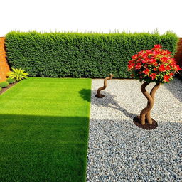 Design of a rectangular garden divided into two distinct areas: one half covered with lush green grass and the other half covered with decorative gravel