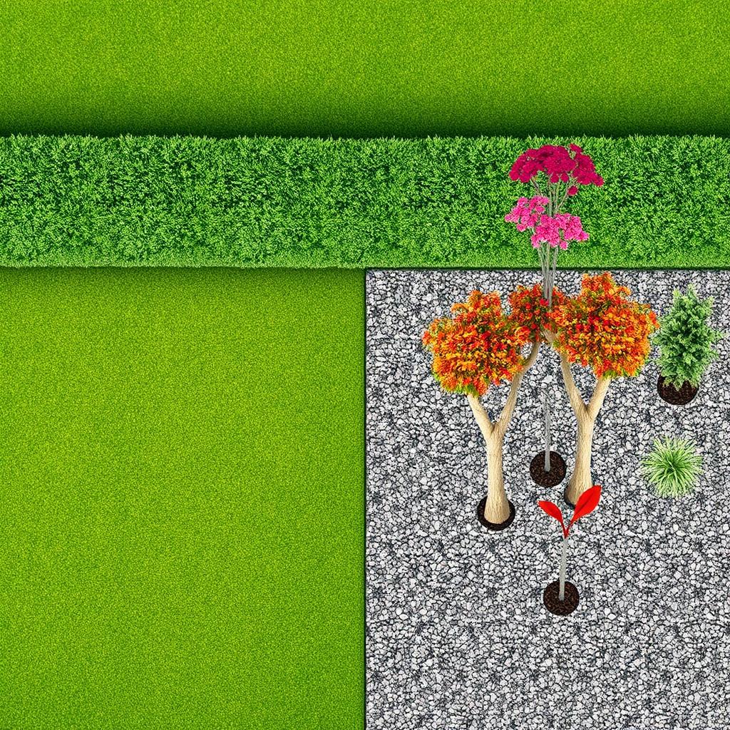 Design of a rectangular garden divided into two distinct areas: one half covered with lush green grass and the other half covered with decorative gravel