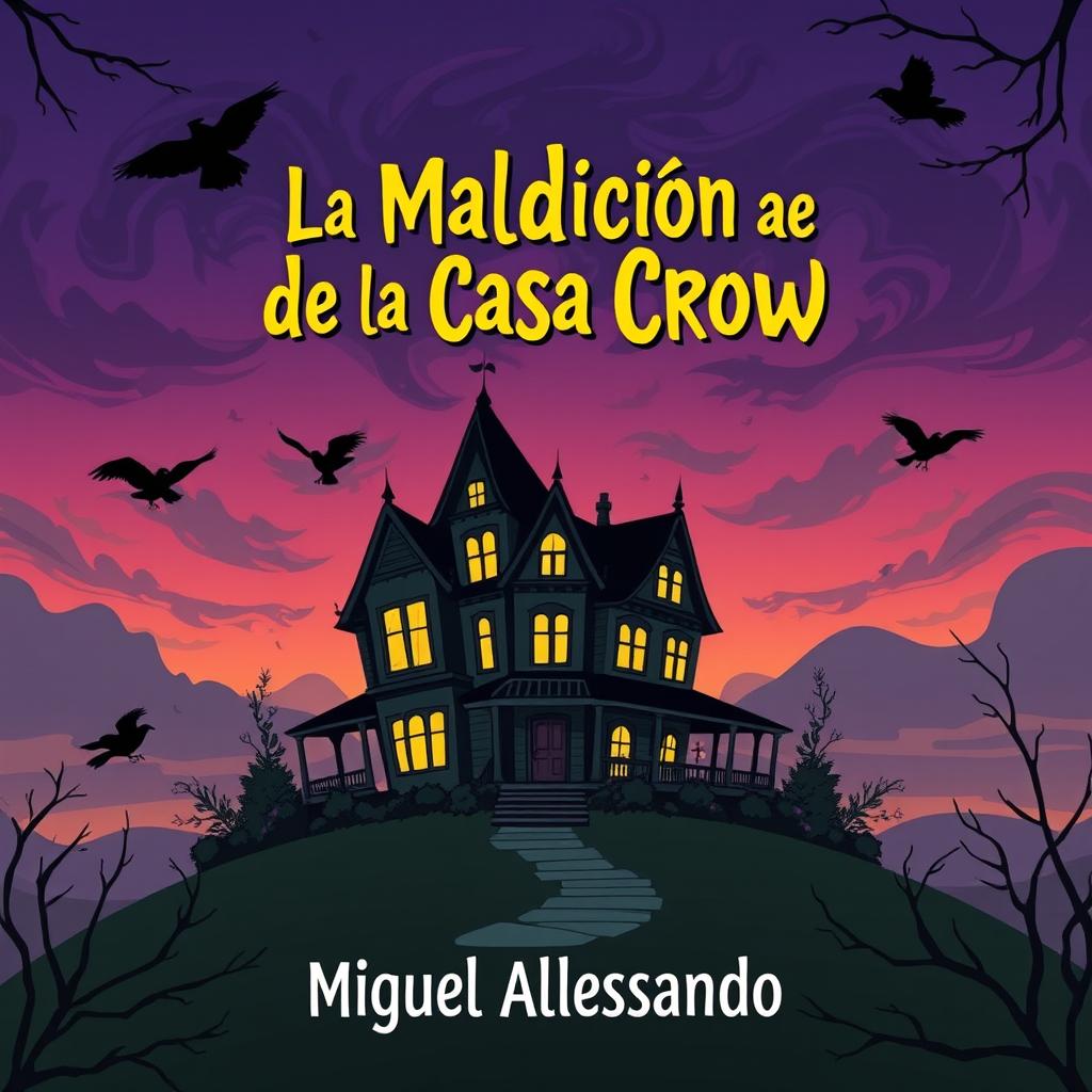 The front cover design for a book titled 'La Maldición de la Casa Crow', authored by Miguel Alessandro, in a casual style infused with a dark horror twist