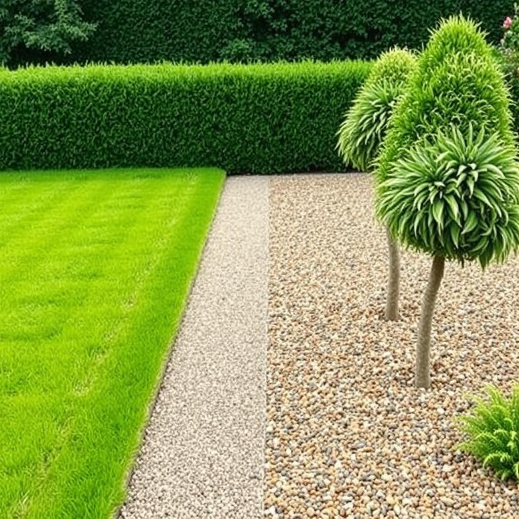 Design of a rectangular garden split evenly between lush green grass on one side and decorative gravel on the other