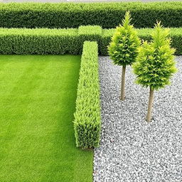 Design of a rectangular garden split evenly between lush green grass on one side and decorative gravel on the other