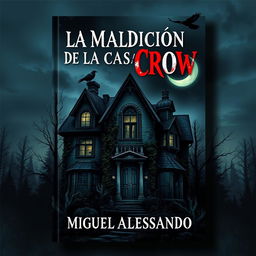 The front cover design for a book titled 'La Maldición de la Casa Crow', authored by Miguel Alessandro, in a style that blends a slight realism with a dark horror twist