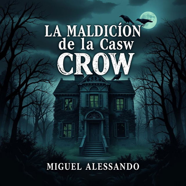 The front cover design for a book titled 'La Maldición de la Casa Crow', authored by Miguel Alessandro, in a style that blends a slight realism with a dark horror twist