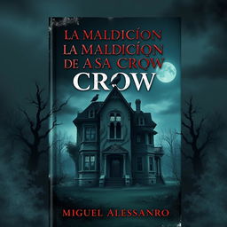 The front cover design for a book titled 'La Maldición de la Casa Crow', authored by Miguel Alessandro, in a style that blends a slight realism with a dark horror twist