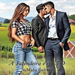A captivating romance book cover featuring a beautiful 18-year-old woman wearing a trendy checkered crop top and jeans, showcasing her curvy figure