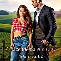 A captivating romance book cover featuring a beautiful 18-year-old woman wearing a trendy checkered crop top and jeans, showcasing her curvy figure