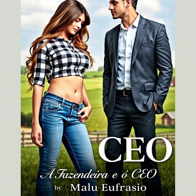 A captivating romance book cover featuring a beautiful 18-year-old woman wearing a trendy checkered crop top and jeans, showcasing her curvy figure