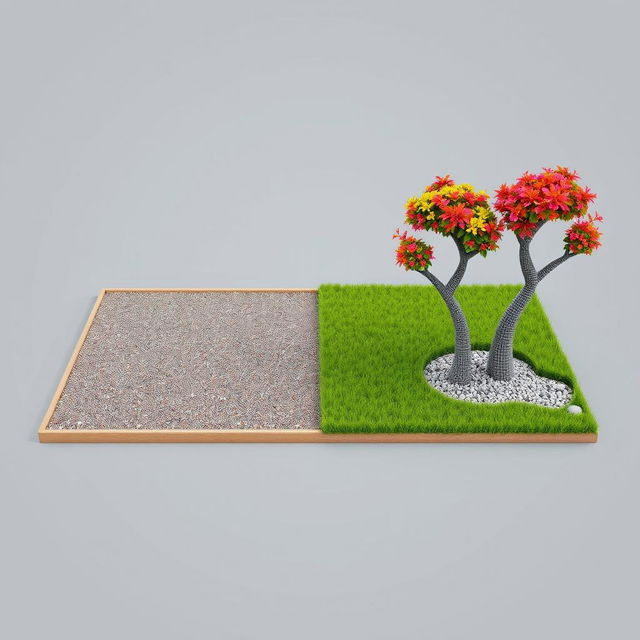 3D rendering of a rectangular garden design divided equally into two sections: one side featuring lush green grass and the other side showcasing decorative gravel