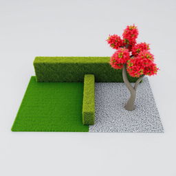 3D rendering of a rectangular garden design divided equally into two sections: one side featuring lush green grass and the other side showcasing decorative gravel