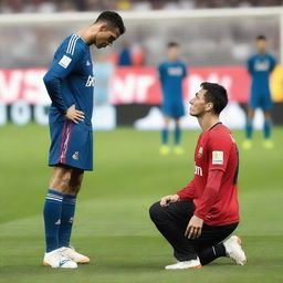 Cristiano Ronaldo, dressed in his football uniform, is on his knees on a football pitch, imploringly looking up to Lionel Messi, who stands indifferently