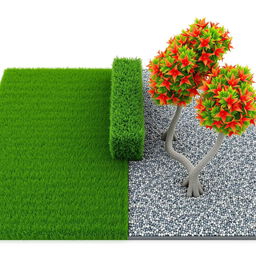 3D rendering of a rectangular garden design divided equally into two sections: one side featuring lush green grass and the other side showcasing decorative gravel