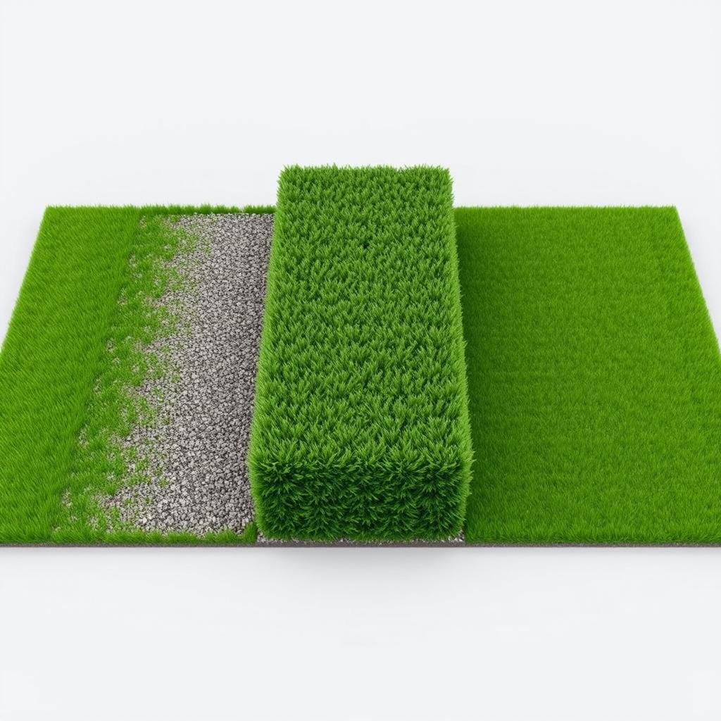 3D rendering of a rectangular garden design, featuring an equal split between lush green grass on one side and decorative gravel on the other