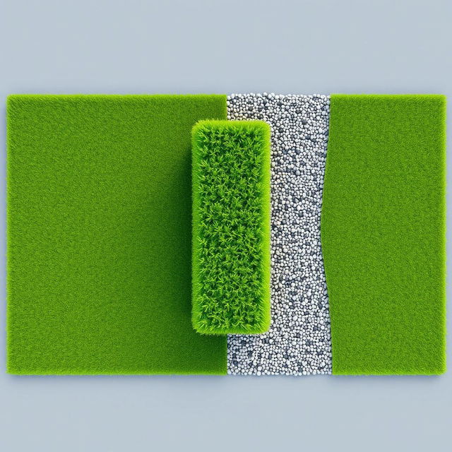 3D rendering of a rectangular garden design, featuring an equal split between lush green grass on one side and decorative gravel on the other