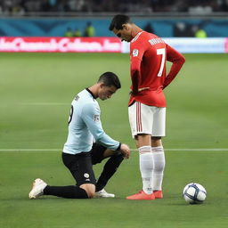 Cristiano Ronaldo, dressed in his football uniform, is on his knees on a football pitch, imploringly looking up to Lionel Messi, who stands indifferently