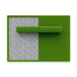 3D rendering of a rectangular garden design, featuring an equal split between lush green grass on one side and decorative gravel on the other